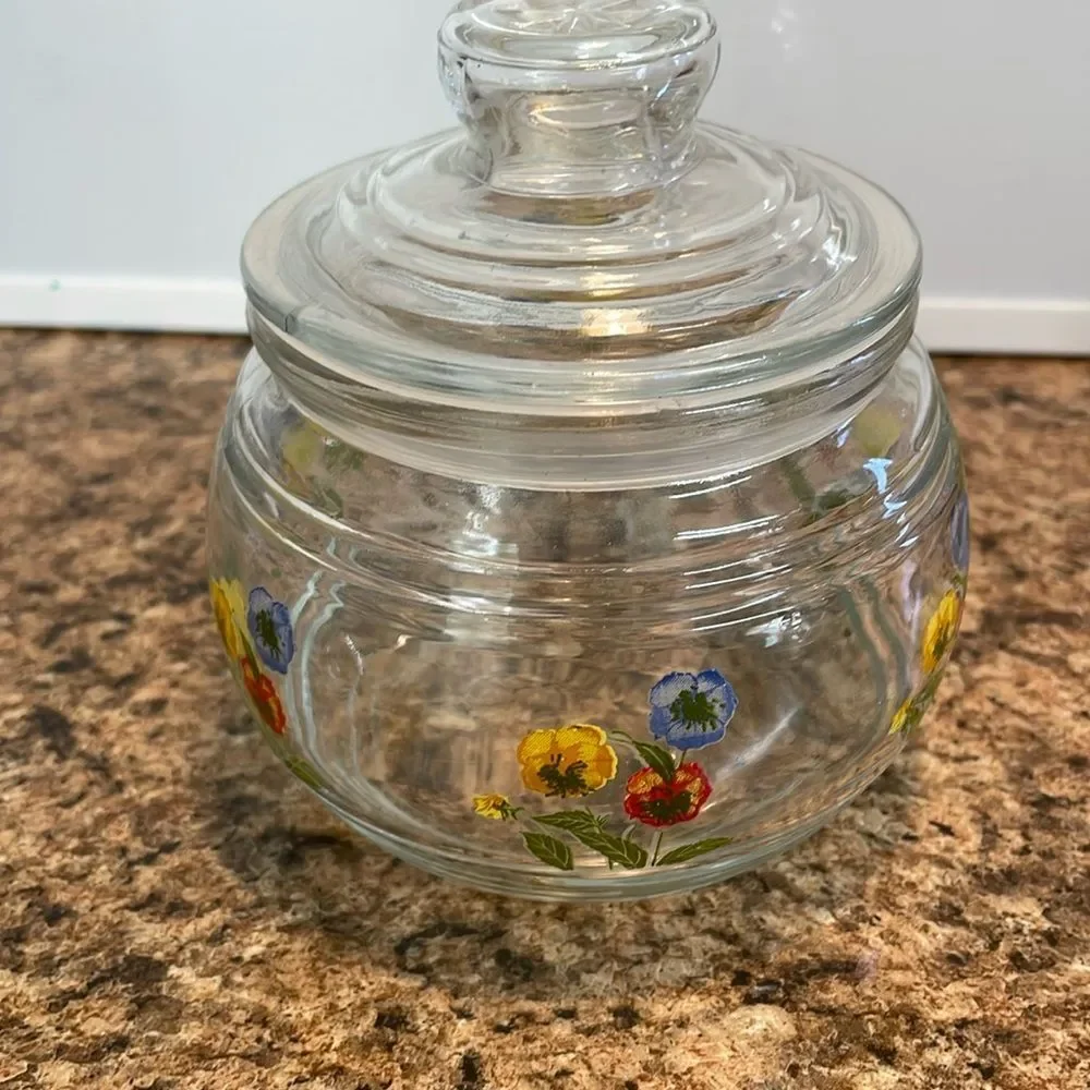 Vintage KIG flower print glass candy suger bowl canister jar with lid‎